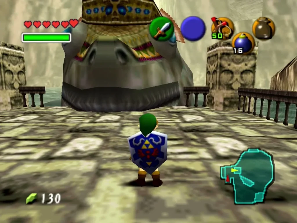 Link standing on the stone pier facing Lord Jabu-Jabu's mouth