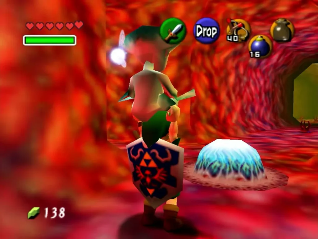 Link carrying Princess Ruto past a glowing pad in the red corridor