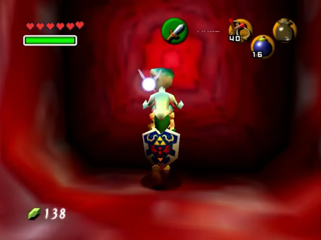 Link carrying Princess Ruto down a red corridor