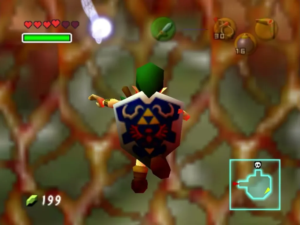 Link climbing the vine-covered wall toward a ledge in Jabu-Jabu's Belly