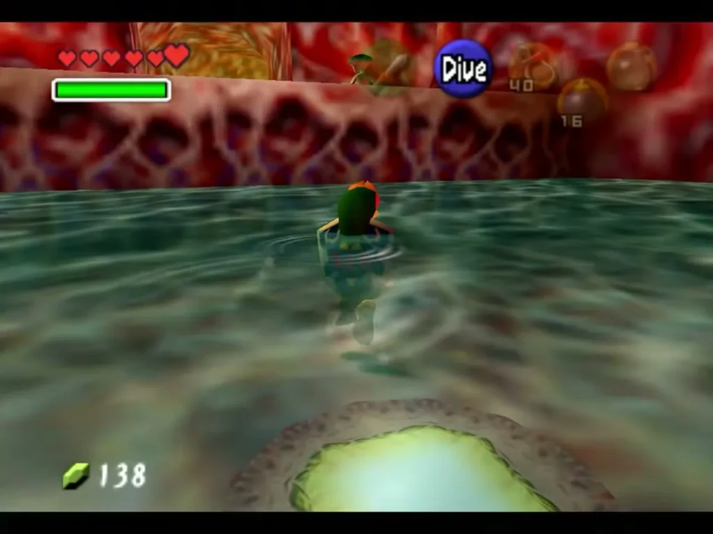 Link diving in the water above a glowing green platform