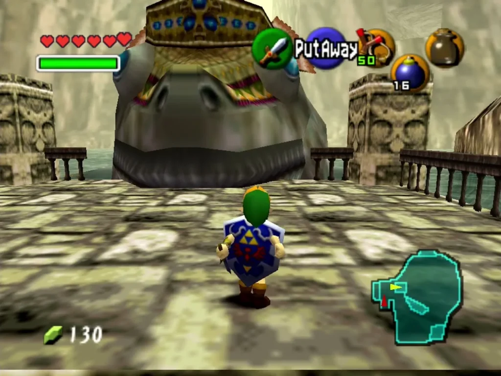 Link on the same pier with an item in hand, Lord Jabu-Jabu ahead