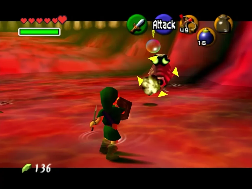 Link raising his shield while a Biri floats nearby