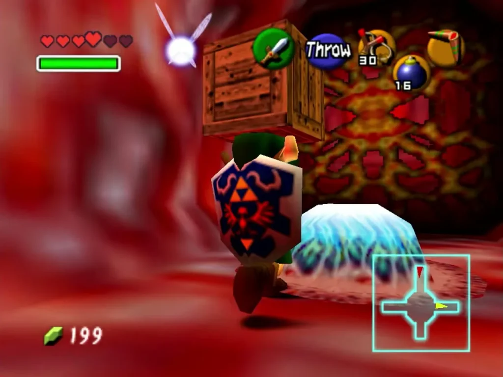 Link holding a wooden crate overhead in a red tunnel of Jabu-Jabu's Belly