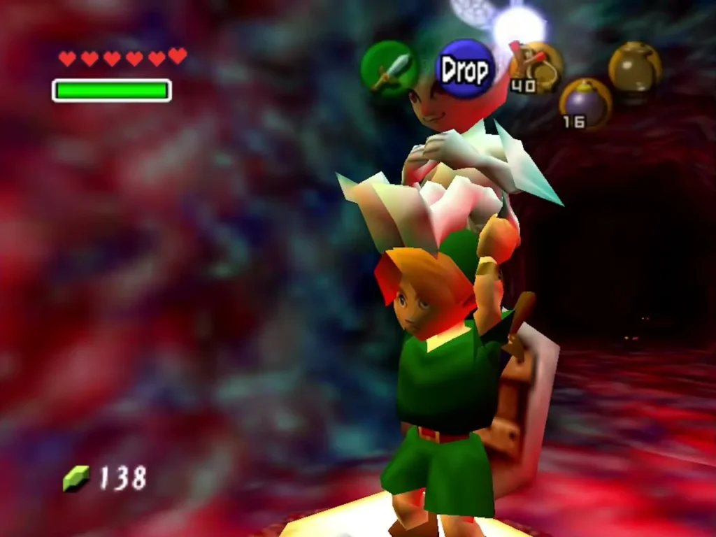 Link holding Princess Ruto above his head on the round switch
