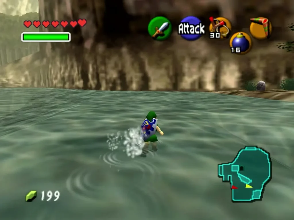 Link swimming through the clear water of Zora's Fountain