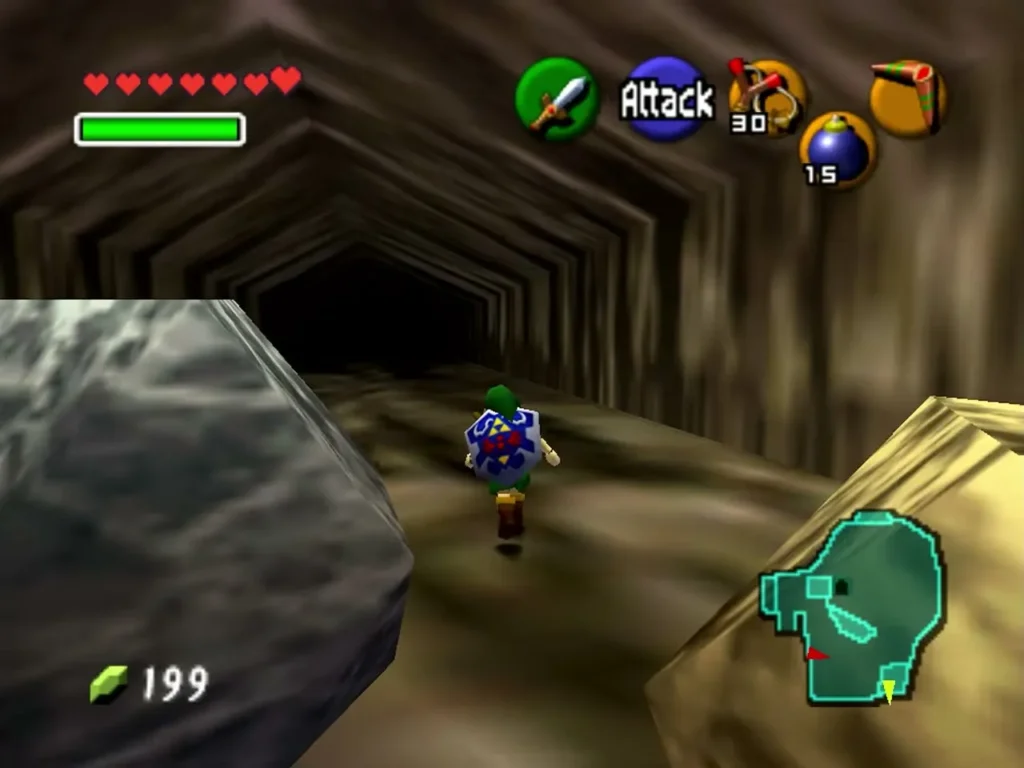 Link walking through a dark stone cave leading out of Zora's Fountain
