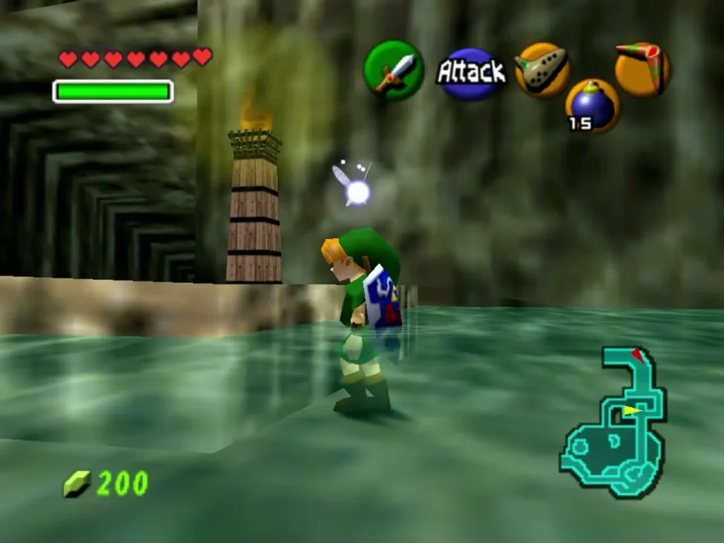 Link wading in green water in Zora's Domain beside a stone pillar with a flame