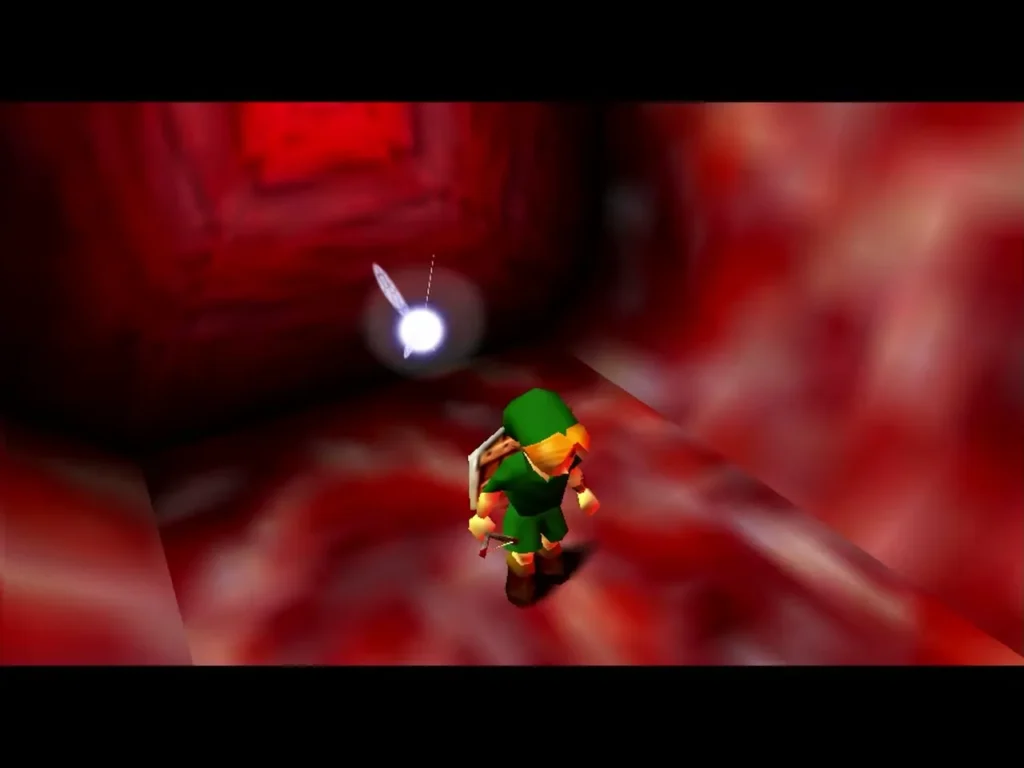Navi glowing beside Link as he looks up at the red ceiling of the corridor