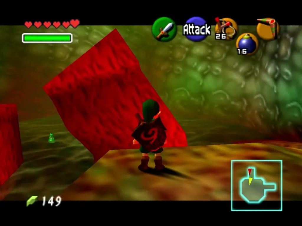 Link beside a red jelly-like block used as a platform in Jabu-Jabu's Belly
