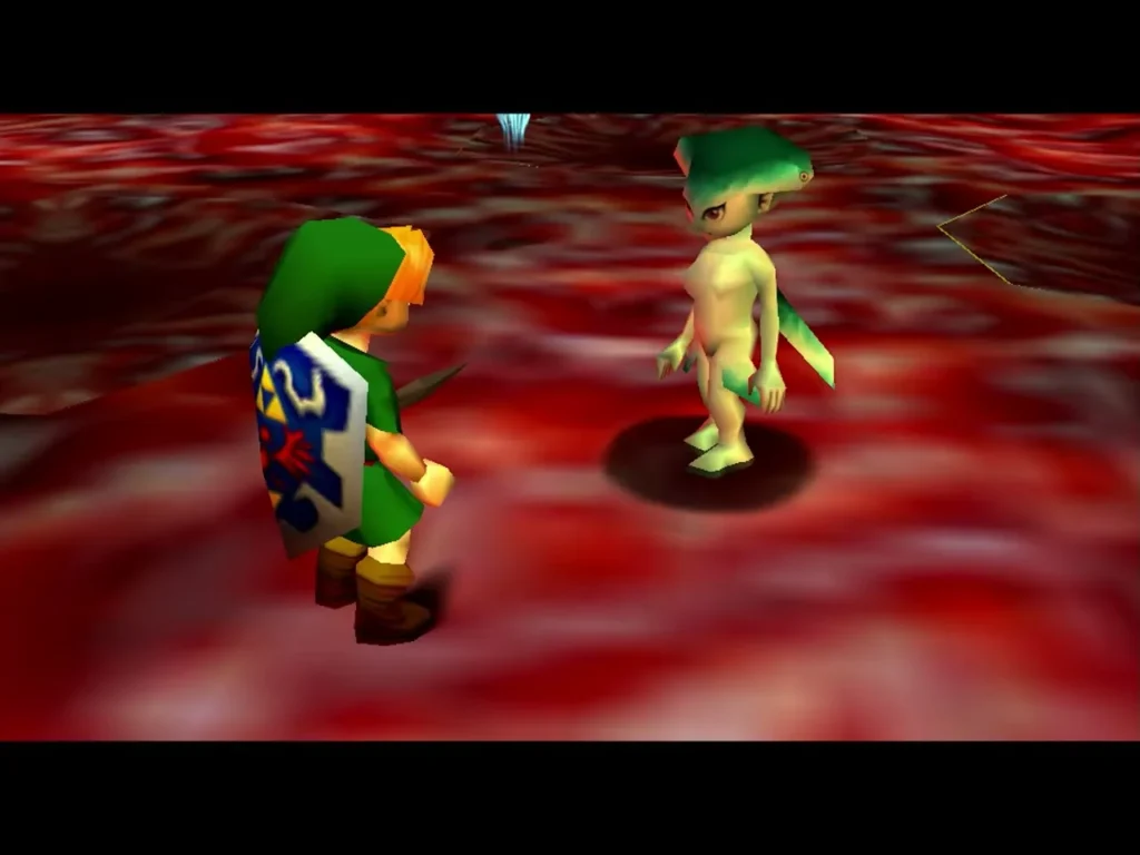 Princess Ruto standing in the red room facing Link