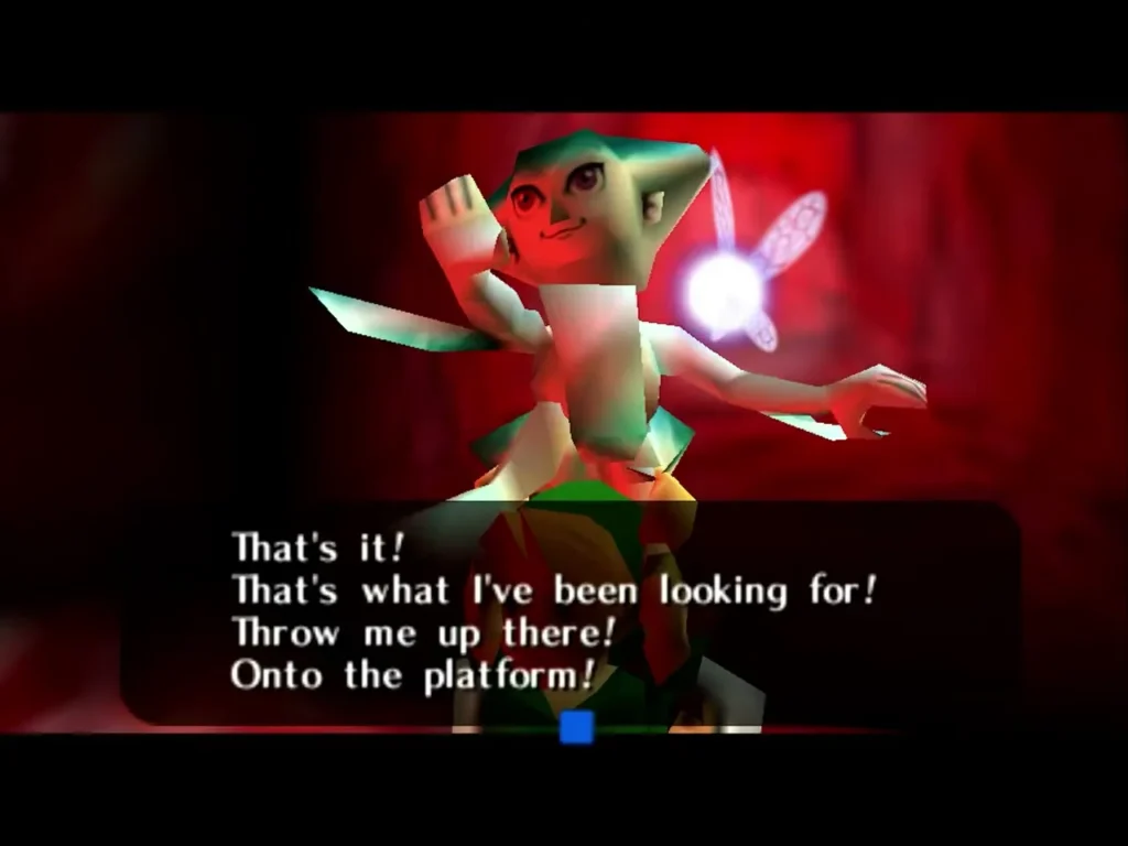 Princess Ruto asking Link to throw her up onto the platform above the jewel