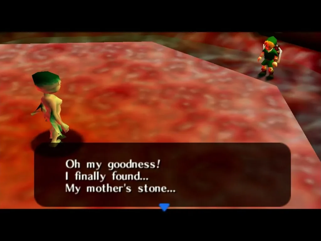Princess Ruto speaking to Link on the platform about finally finding her mother's stone