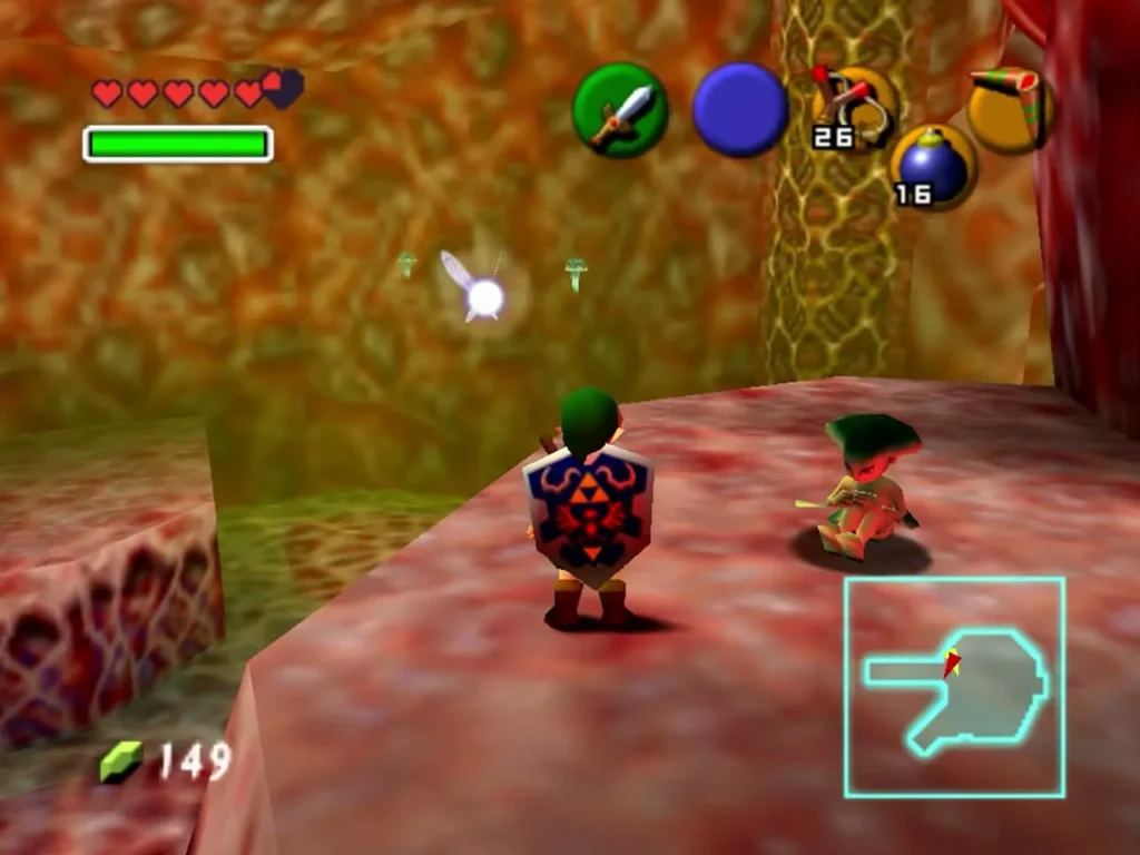 Link standing beside Princess Ruto after setting her down in the red room