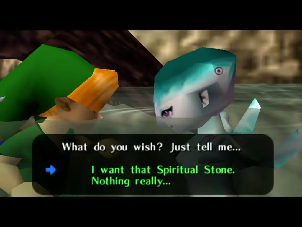 Princess Ruto asking Link what he wishes for, with the Spiritual Stone option on the choice box
