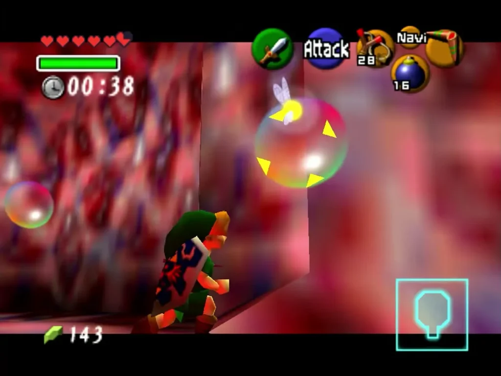 Link inside the Shabom room popping a bubble with 38 seconds left on the timer