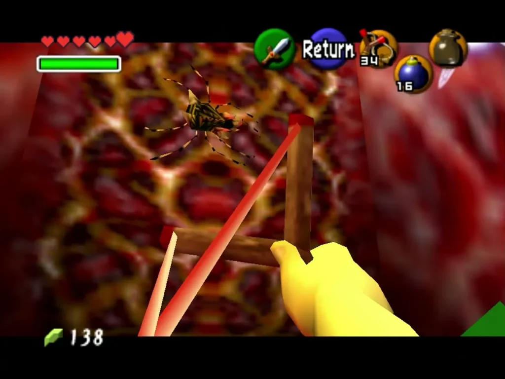 First-person view of the Slingshot aimed at a Gold Skulltula on the lattice wall