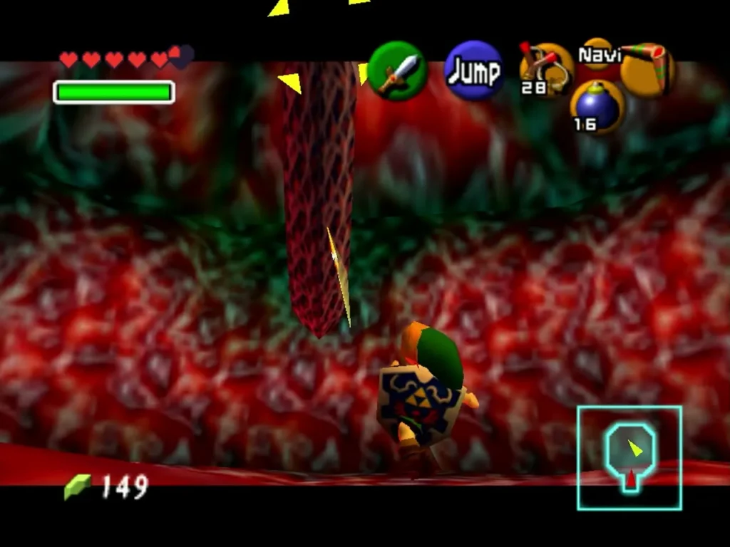 Link facing a Parasitic Tentacle hanging from the ceiling with the Boomerang near its body
