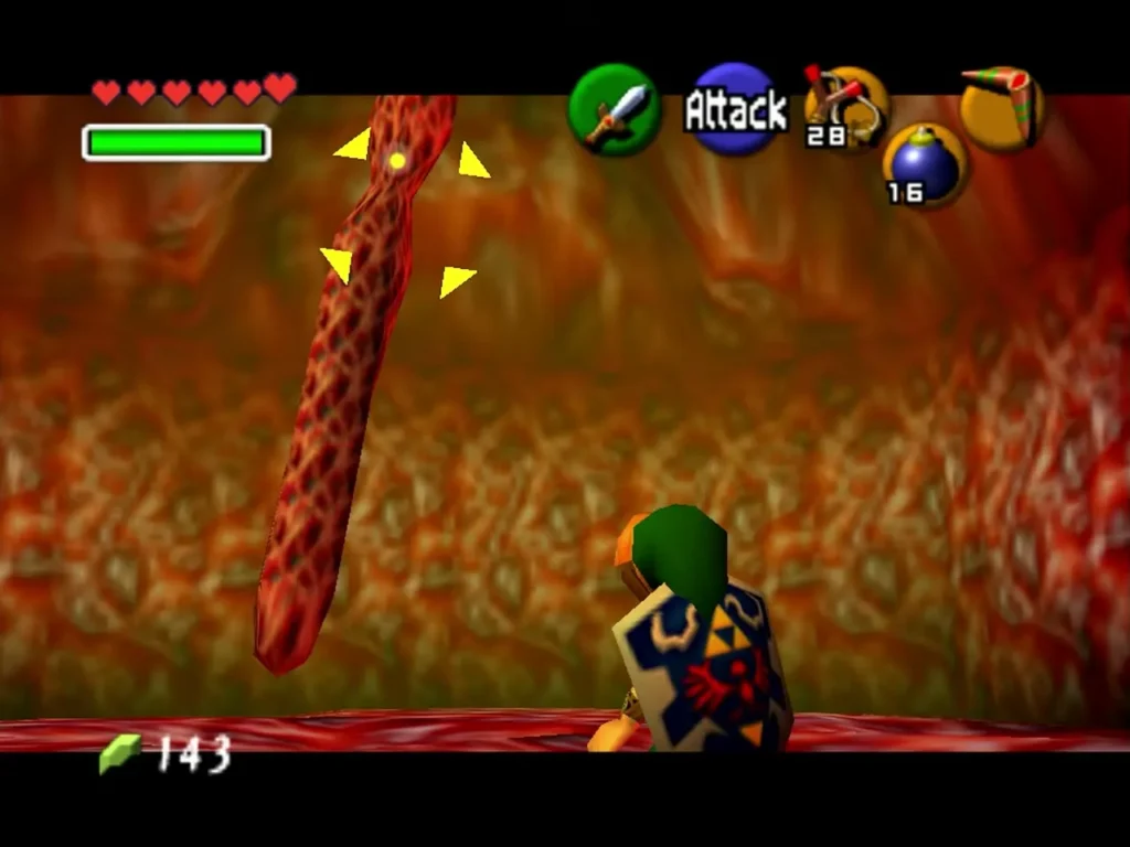 Link facing the red Parasitic Tentacle hanging from the ceiling in Jabu-Jabu's Belly
