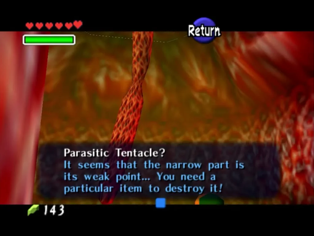Navi hint box explaining the Parasitic Tentacle narrow weak point in Jabu-Jabu's Belly
