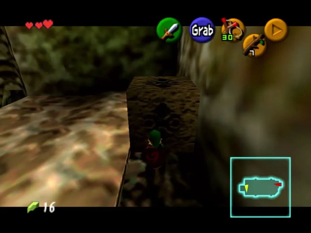 Link grabbing a stone block beside the tall doorway in the Great Deku Tree Link grabbing a stone block beside the tall doorway in the Great Deku Tree