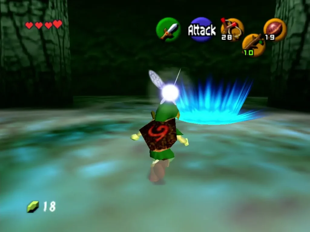 Link in the Great Deku Tree hall as a blue light bursts up behind him Link in the Great Deku Tree hall as a blue light bursts up behind him