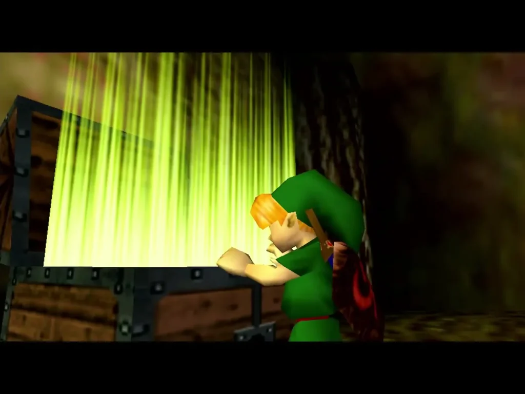 Link opening a chest with light pouring out in the Great Deku Tree Link opening a chest with light pouring out in the Great Deku Tree