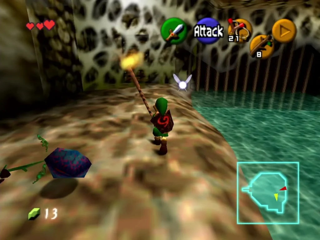 Link carrying a lit Deku Stick across the shallow water in the Great Deku Tree Link carrying a lit Deku Stick across the shallow water in the Great Deku Tree