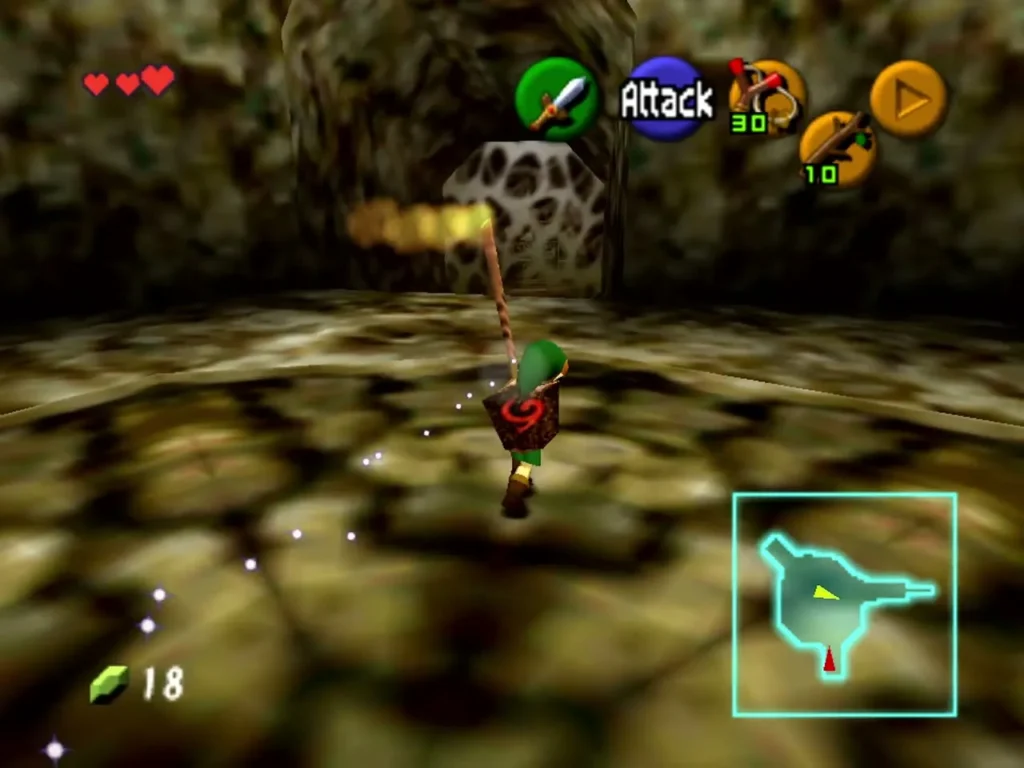 Link holding a lit Deku Stick up to a torch in the Great Deku Tree Link holding a lit Deku Stick up to a torch in the Great Deku Tree