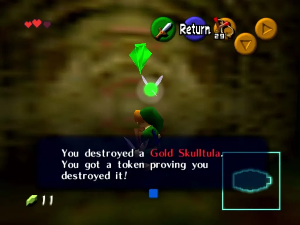 Link destroying a Gold Skulltula and receiving its token in the Deku Tree Link destroying a Gold Skulltula and receiving its token in the Deku Tree