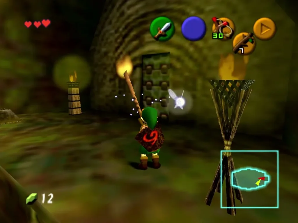 Link holding a lit Deku Stick near the barred gate in the Deku Tree Link holding a lit Deku Stick near the barred gate in the Deku Tree