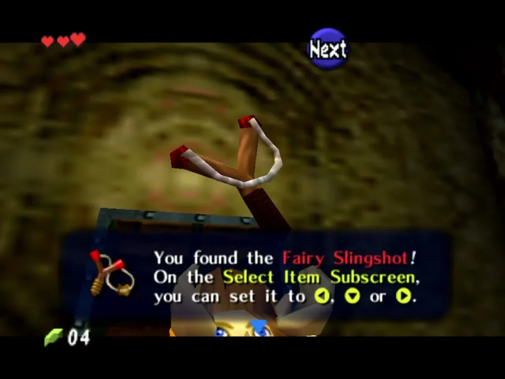 Link holding up the Fairy Slingshot with its item name box Link holding up the Fairy Slingshot with its item name box