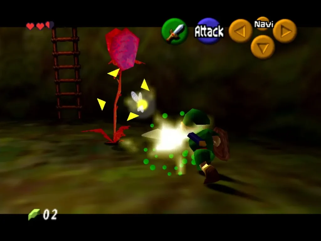 Link slashing a red Deku Baba in the first hall with Navi nearby Link slashing a red Deku Baba in the first hall with Navi nearby