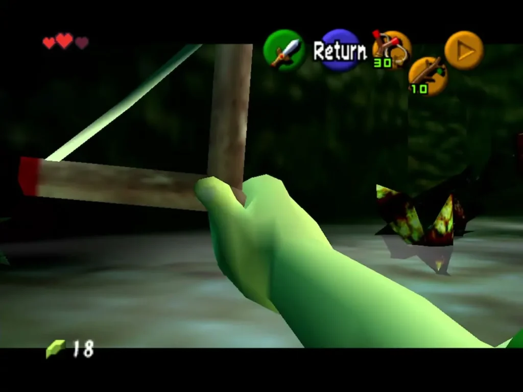 First-person view of Link aiming the Slingshot toward Gohma First-person view of Link aiming the Slingshot toward Gohma