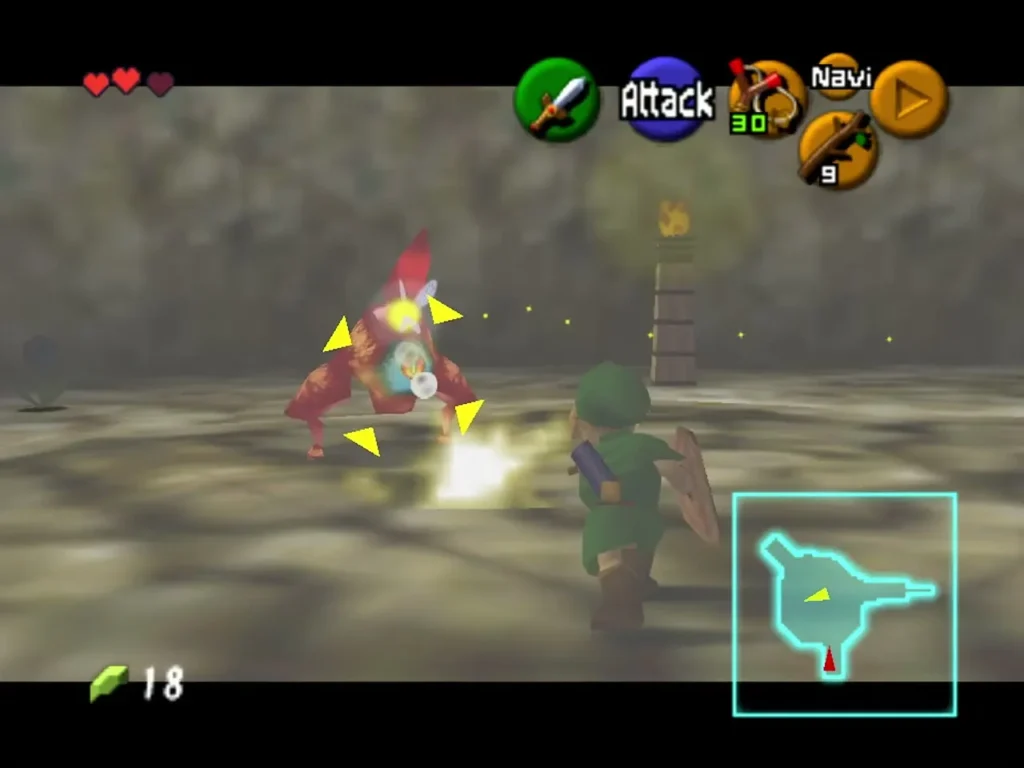 Link striking a red Gohma Larva with his sword in the Great Deku Tree Link striking a red Gohma Larva with his sword in the Great Deku Tree