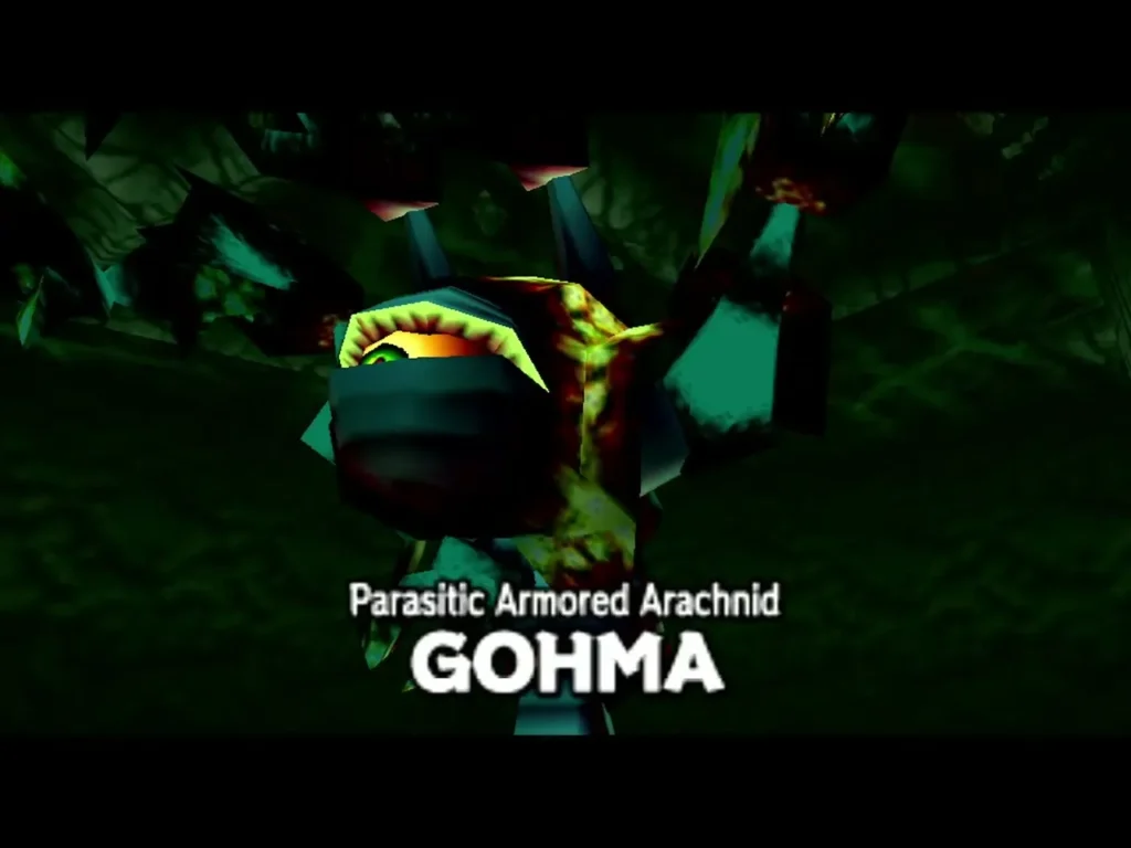 Title card reading Parasitic Armored Arachnid Gohma over a close-up of the boss Title card reading Parasitic Armored Arachnid Gohma over a close-up of the boss