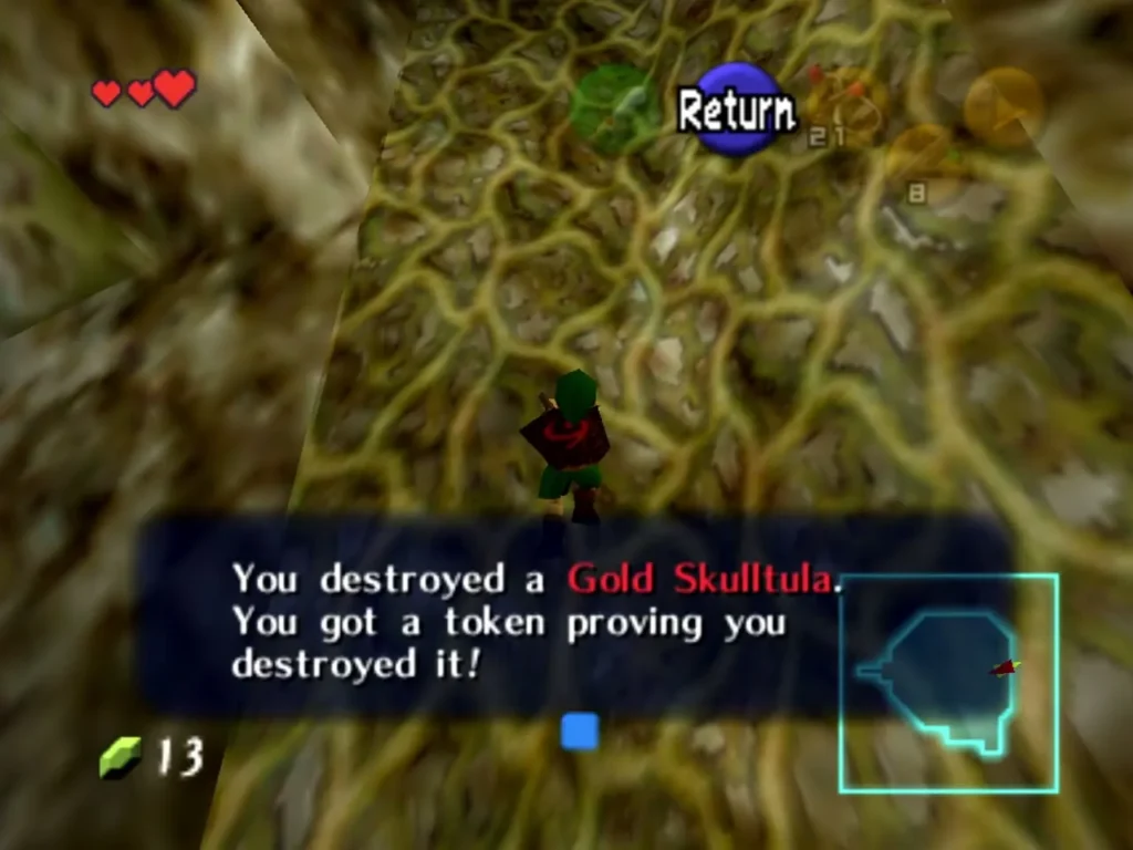 Gold Skulltula destroyed on the vines, with the token message box in the Great Deku Tree Gold Skulltula destroyed on the vines, with the token message box in the Great Deku Tree