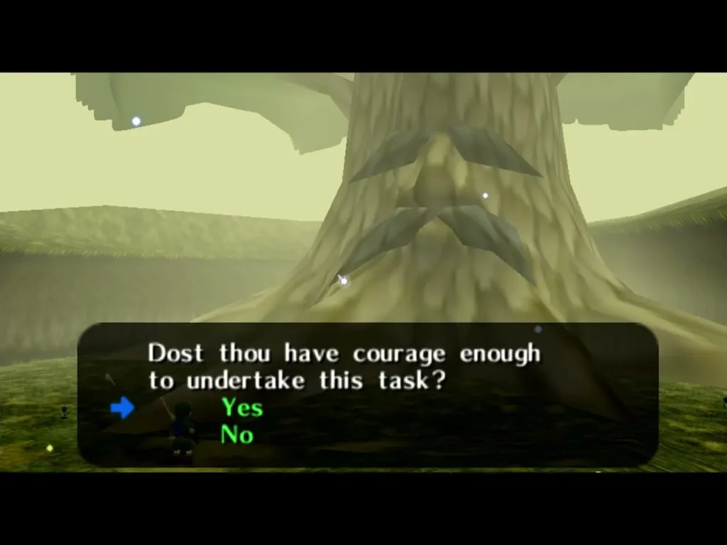 The Great Deku Tree asking Link whether he has the courage for the task The Great Deku Tree asking Link whether he has the courage for the task