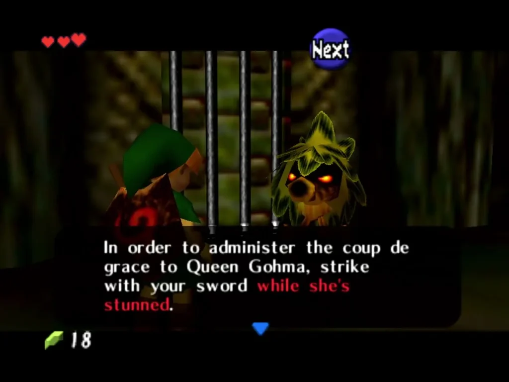 Text box from the last Deku Scrub saying to strike Queen Gohma with the sword while she is stunned Text box from the last Deku Scrub saying to strike Queen Gohma with the sword while she is stunned