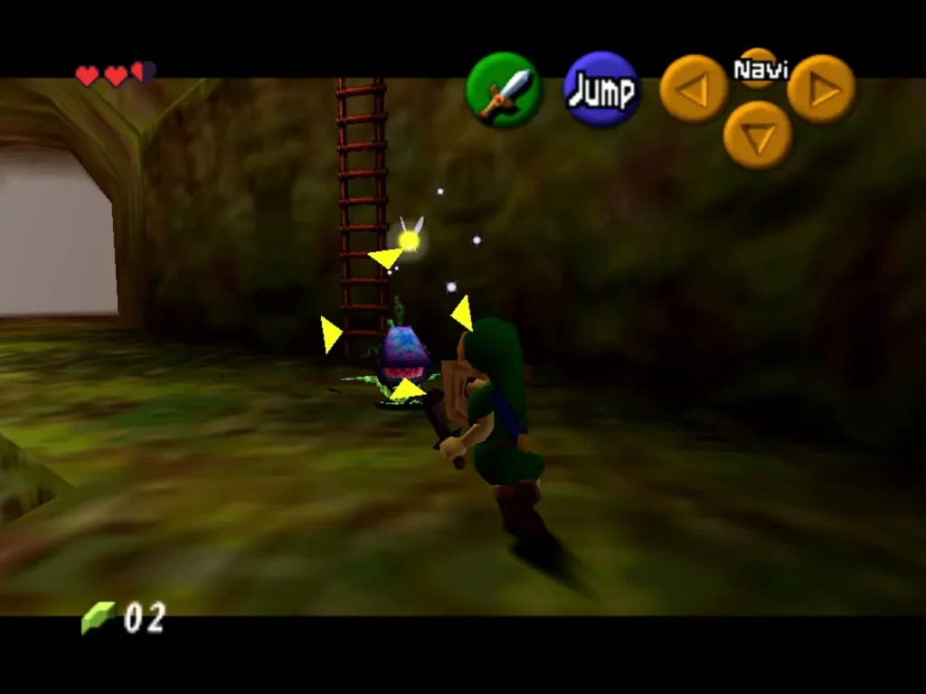 Link locked on to a Deku Baba in the first hall of the Deku Tree Link locked on to a Deku Baba in the first hall of the Deku Tree