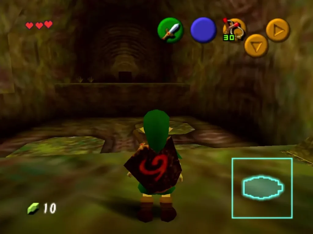 Link facing a dark archway doorway in the Great Deku Tree Link facing a dark archway doorway in the Great Deku Tree