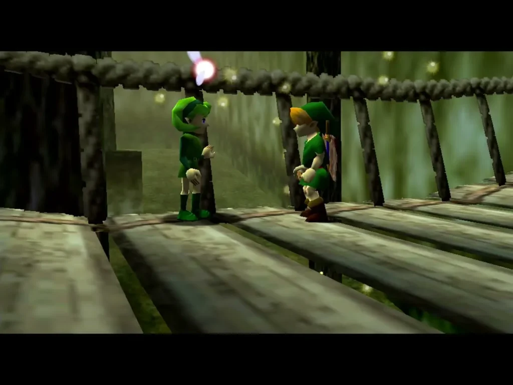 Saria and Link standing together on the wooden bridge after she gives Link the Fairy Ocarina Saria and Link standing together on the wooden bridge after she gives Link the Fairy Ocarina