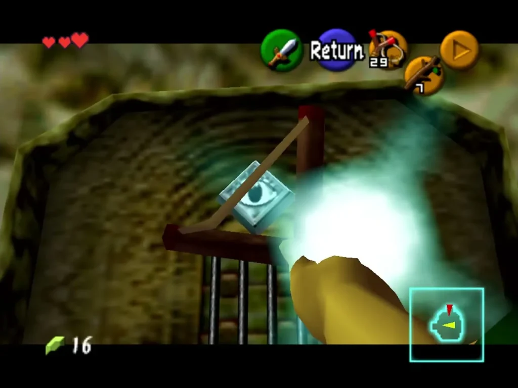 Link aiming the Slingshot at the painted eye above the locked door Link aiming the Slingshot at the painted eye above the locked door