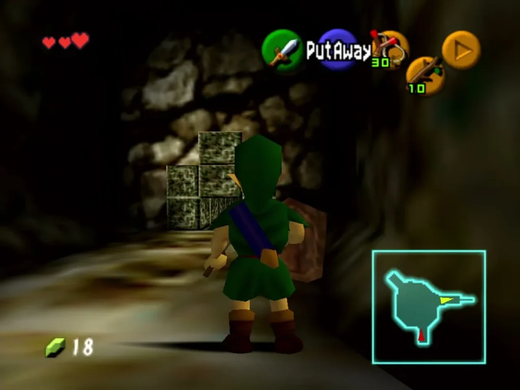 Link beside a stacked stone block in a dim tunnel Link beside a stacked stone block in a dim tunnel