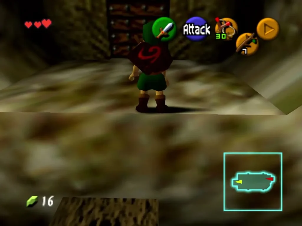 Link standing before the tall doorway in the Great Deku Tree Link standing before the tall doorway in the Great Deku Tree