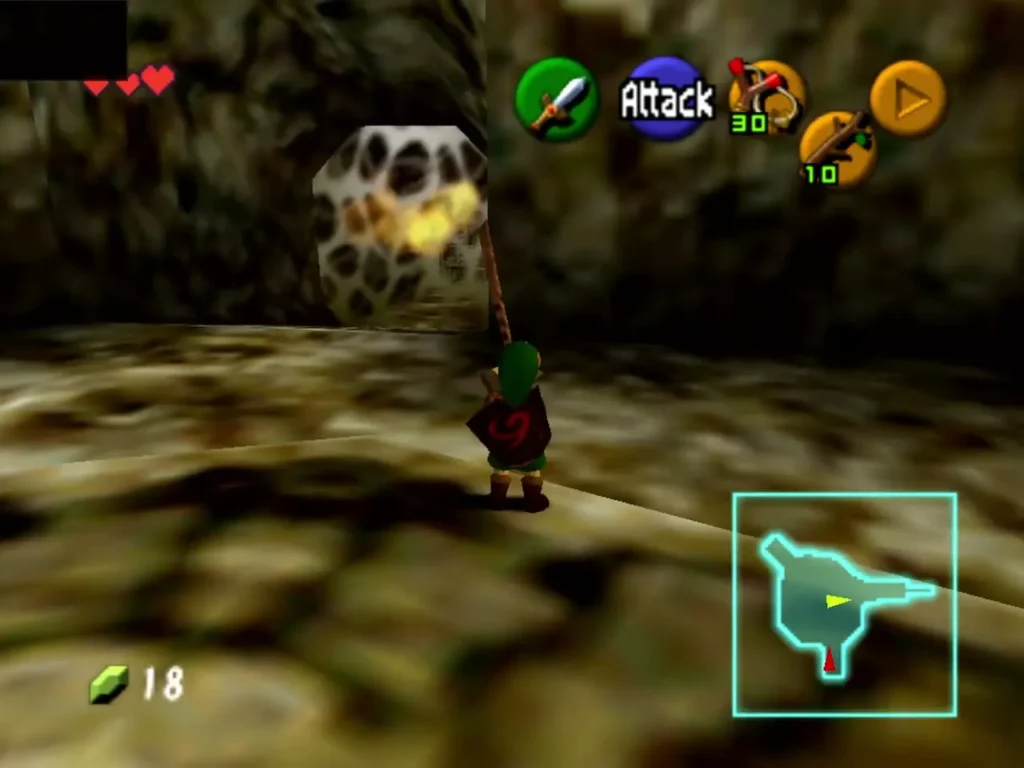 Lit torch burning beside a web-covered block as Link holds a Deku Stick Lit torch burning beside a web-covered block as Link holds a Deku Stick
