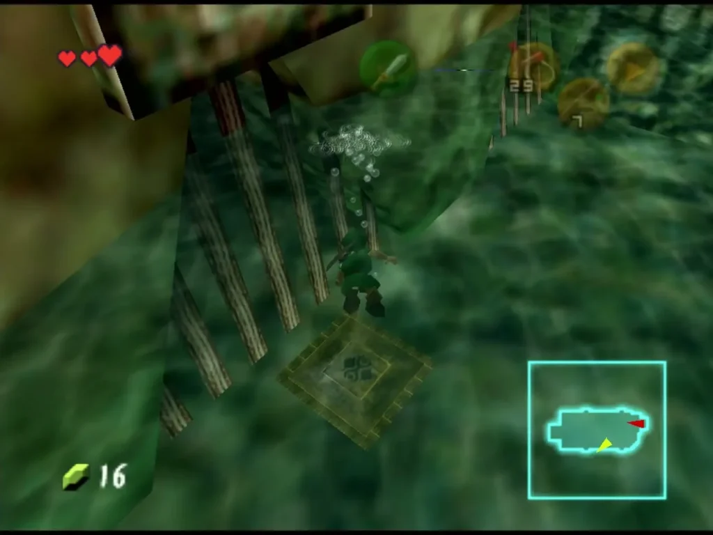 Link underwater above the timed floor switch in the Great Deku Tree water room Link underwater above the timed floor switch in the Great Deku Tree water room
