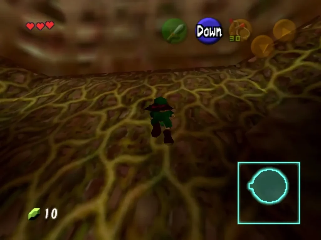 Link walking along the yellow vine walls of the Great Deku Tree Link walking along the yellow vine walls of the Great Deku Tree
