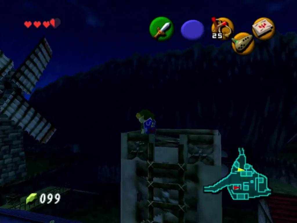 Adult Link standing atop a ladder tower beside the windmill at night Adult Link standing atop a ladder tower beside the windmill at night