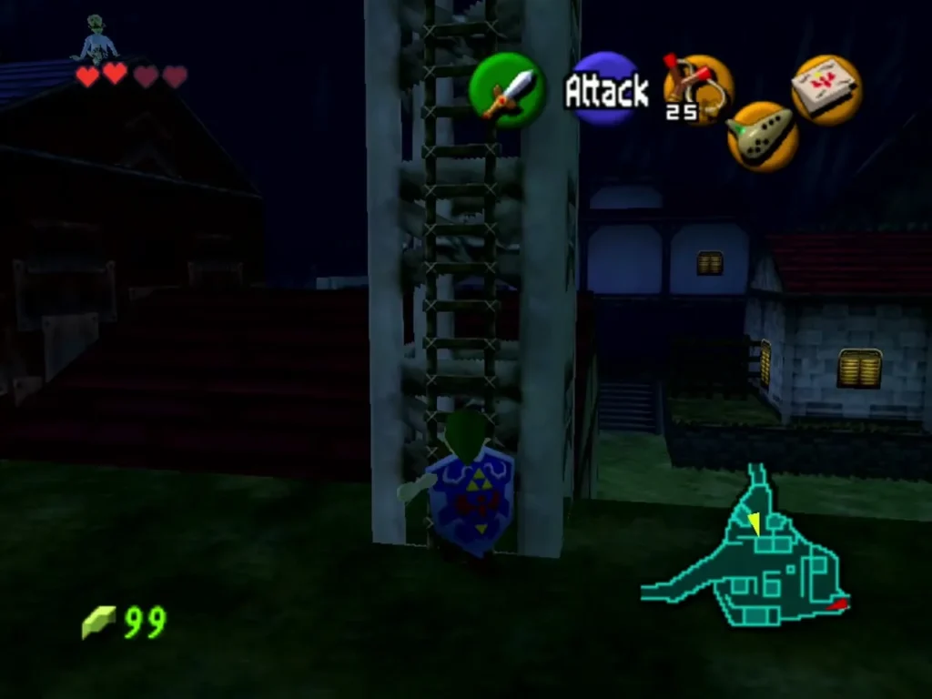 Adult Link standing at a wooden ladder in Kakariko Village at night Adult Link standing at a wooden ladder in Kakariko Village at night